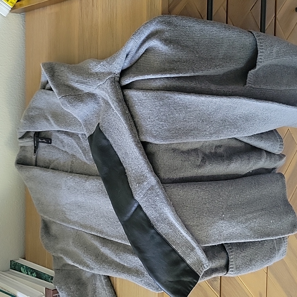 BCBG Thick Wool Cardigan with Fux Leather Detail